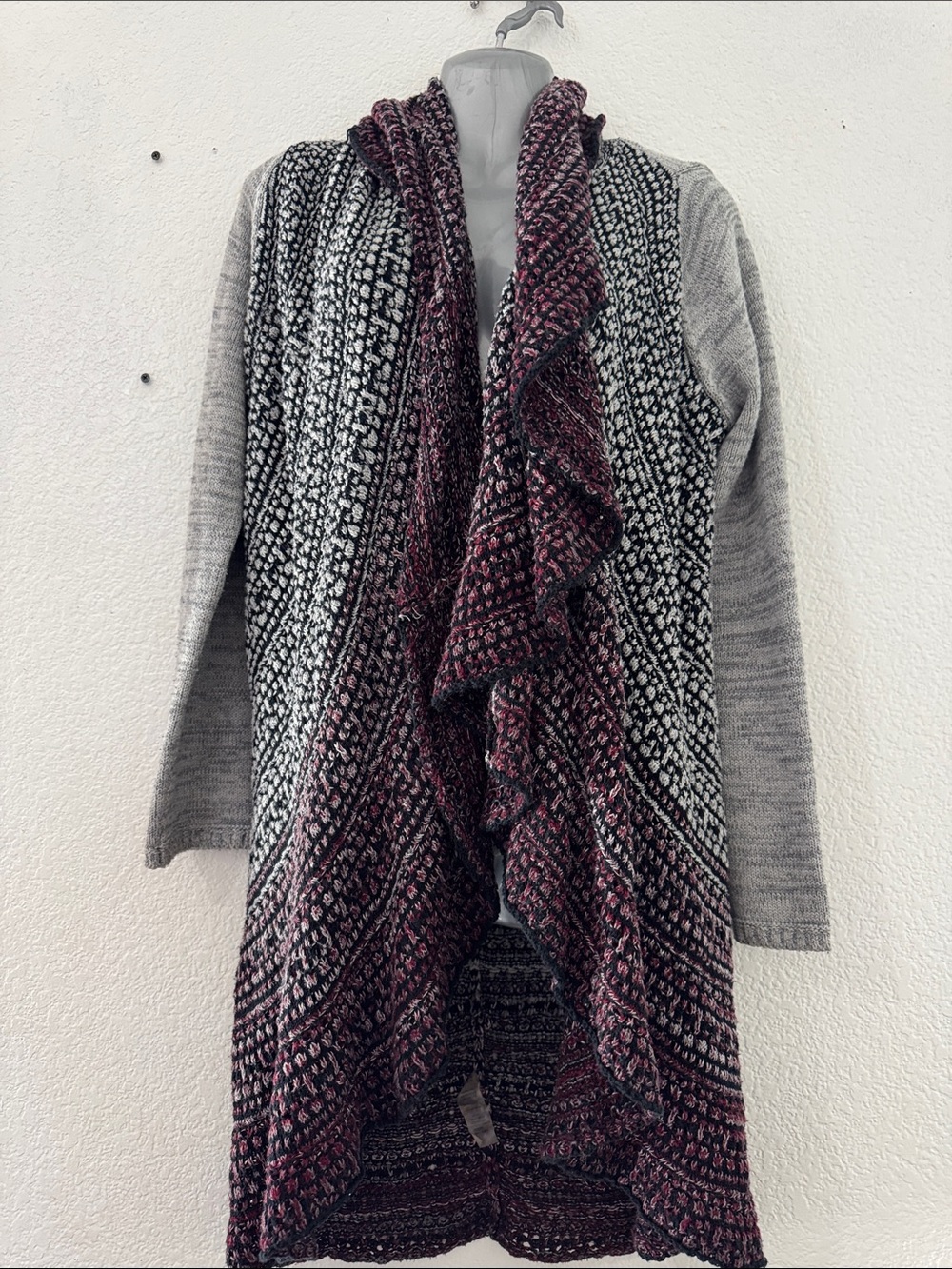 Soft Surroundings Gray & Burgundy Ruffle-Front Knit Cardigan